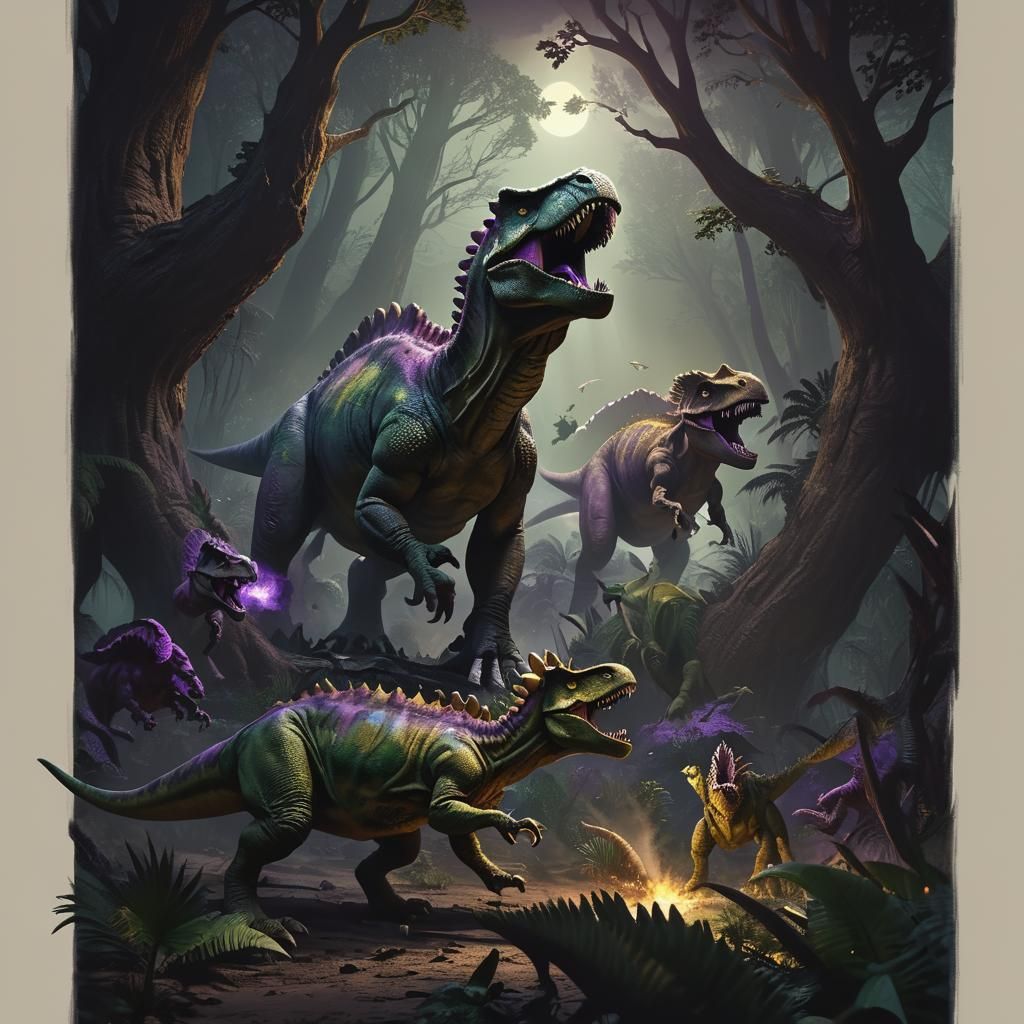 Raptors Attack Triceratops in Dark Fantasy Style