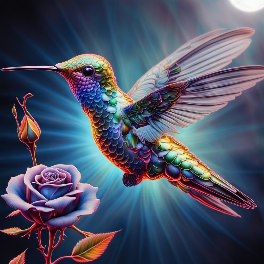 Hummingbird and Silver Rose in X-Ray Art Style