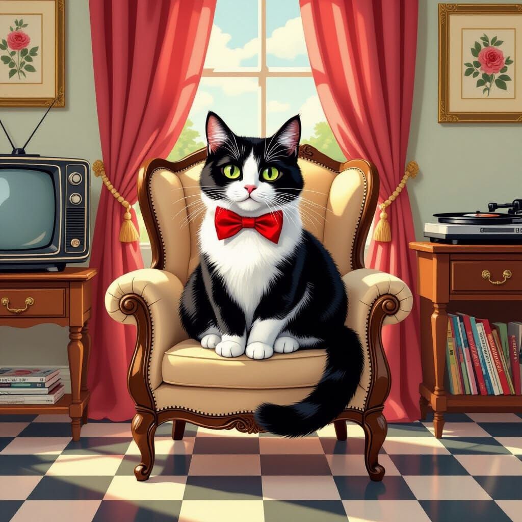 Tuxedo Cat in 1950s Living Room, Retro Illustration