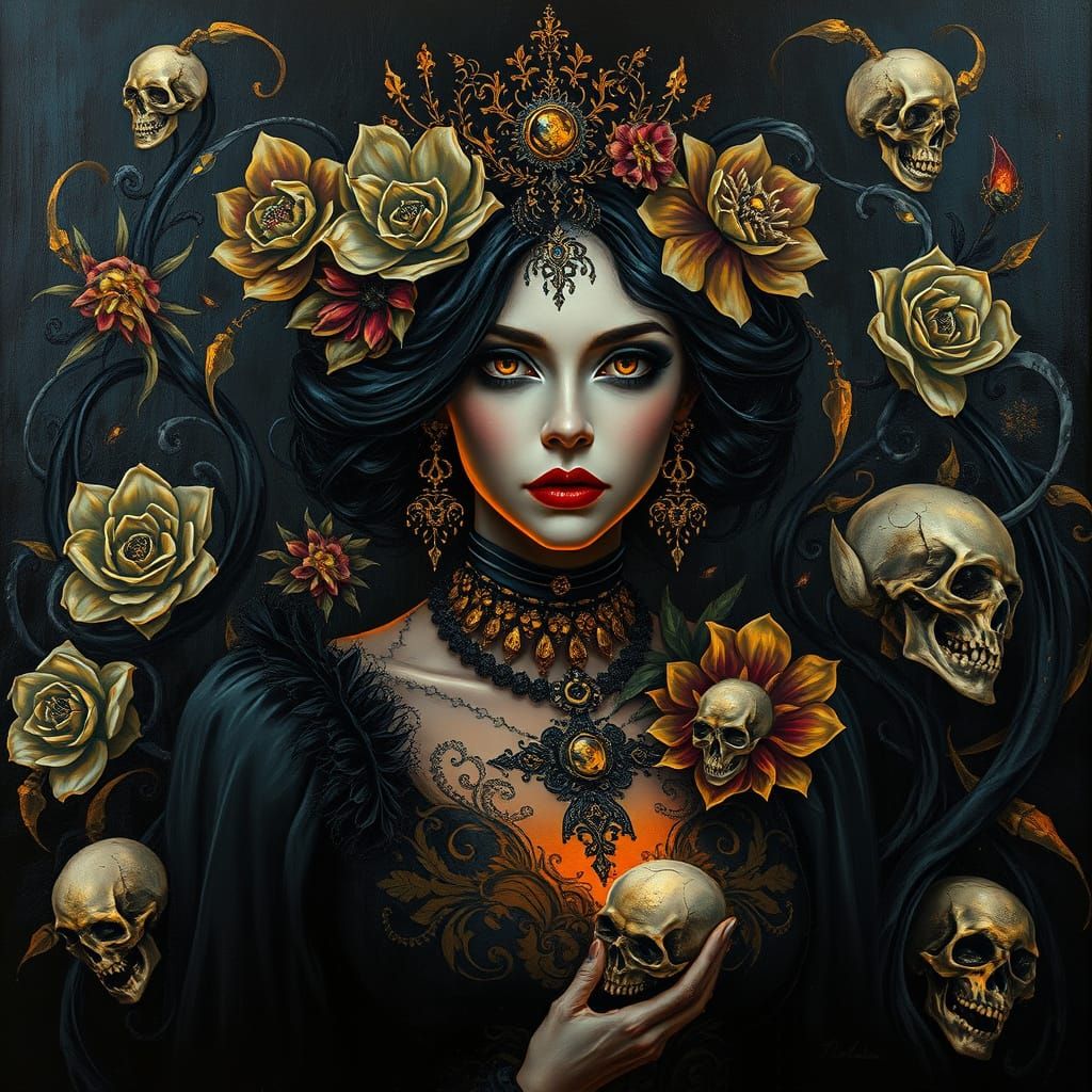 A striking impasto oil painting blending goth-punk aesthetic...