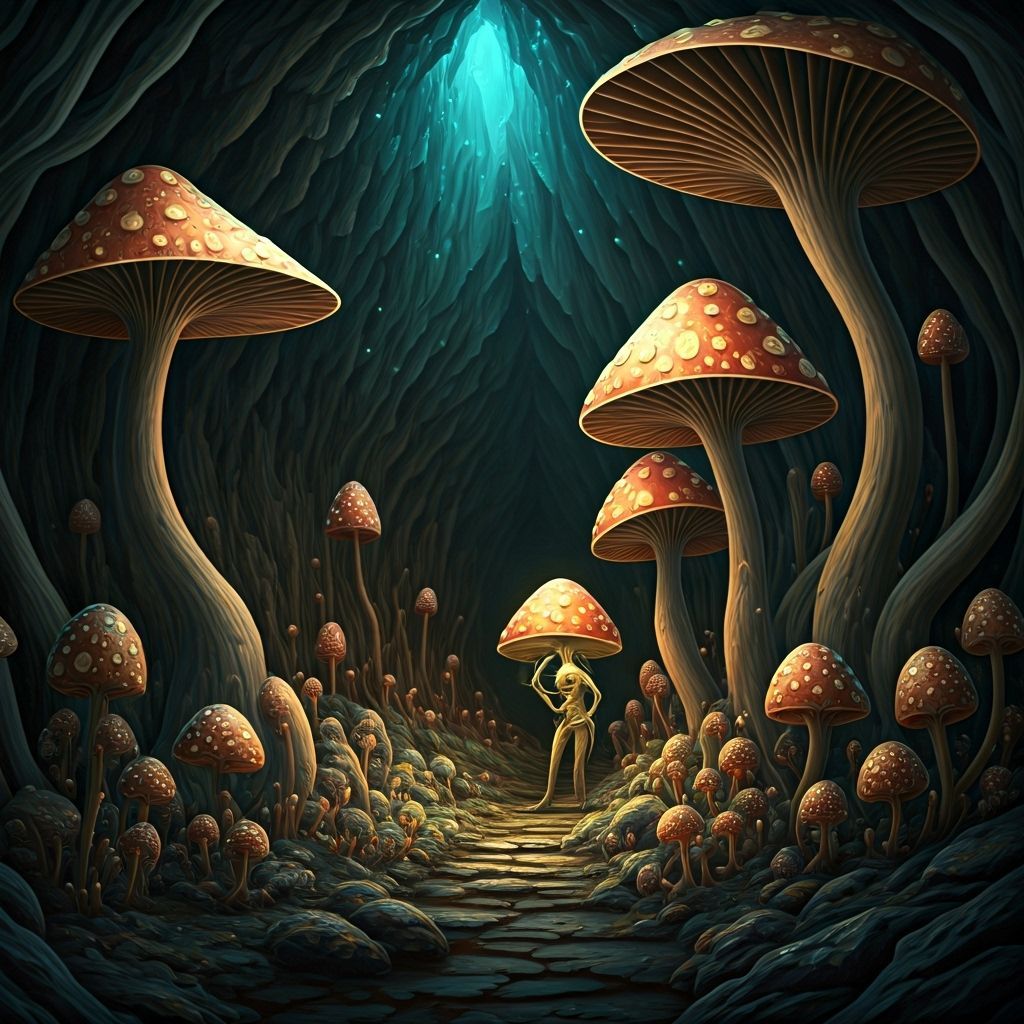 Bioluminescent Fungus Cave with Glowing Myconids