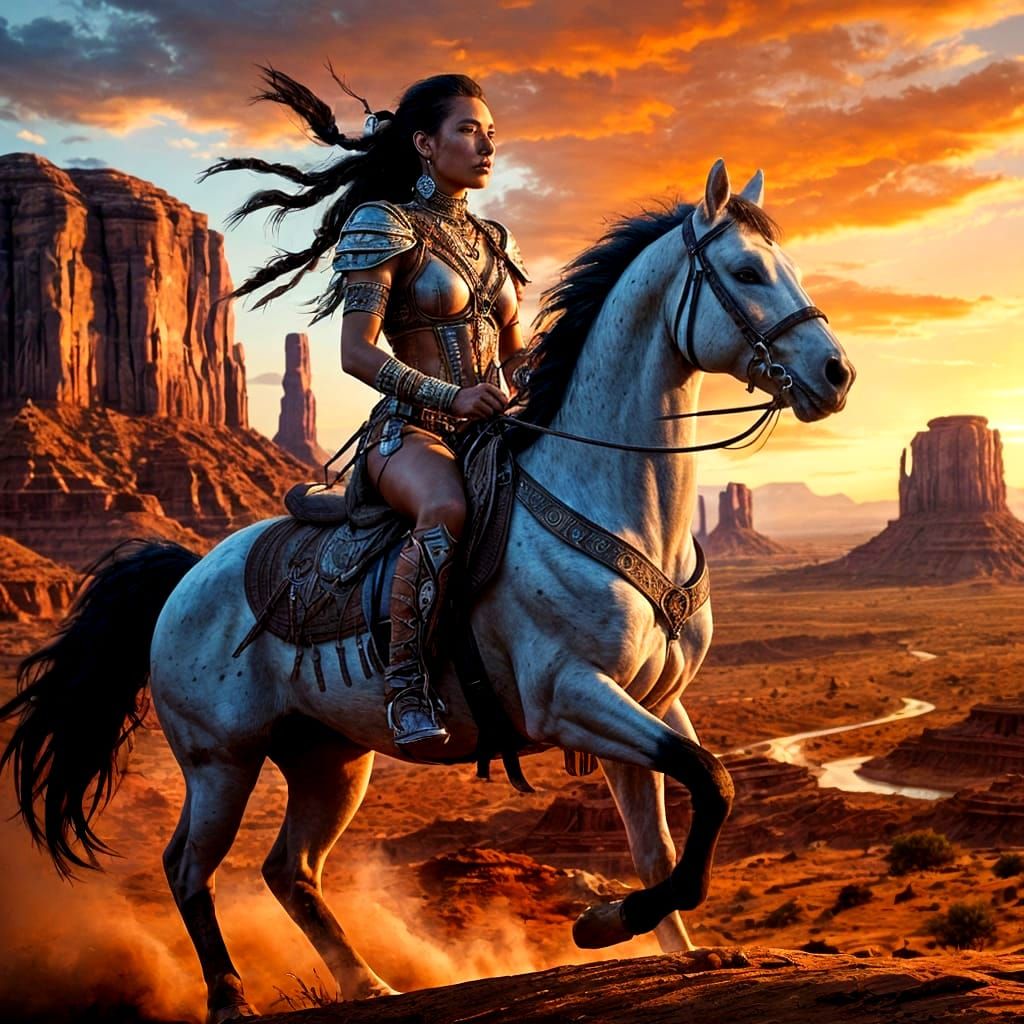 Native American Warrior Woman Rides at Sunset