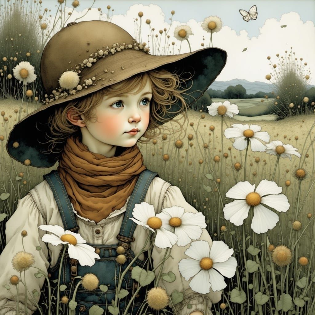 Whimsical Girl in a Fantastical Landscape