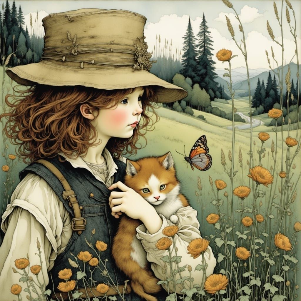 Whimsical Girl in a Dreamlike Landscape