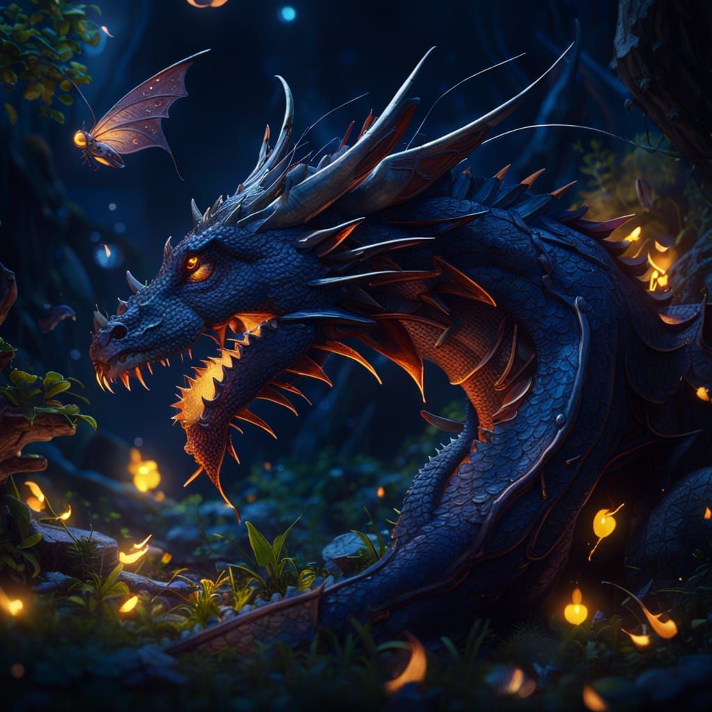 Fantastical Dragons and Fireflies in Detailed Matte Painting