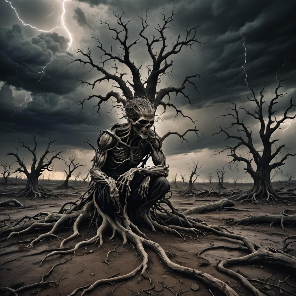 Defeated Figure in Wasteland: Dark Surrealism