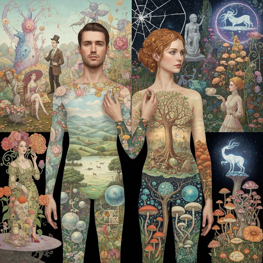 Surreal Cosmic Garden Party with Dreamlike Figures