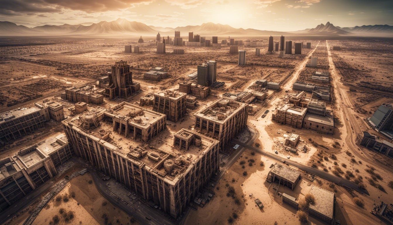 Post-Apocalyptic Desert Landscape with Ruined Skyscrapers