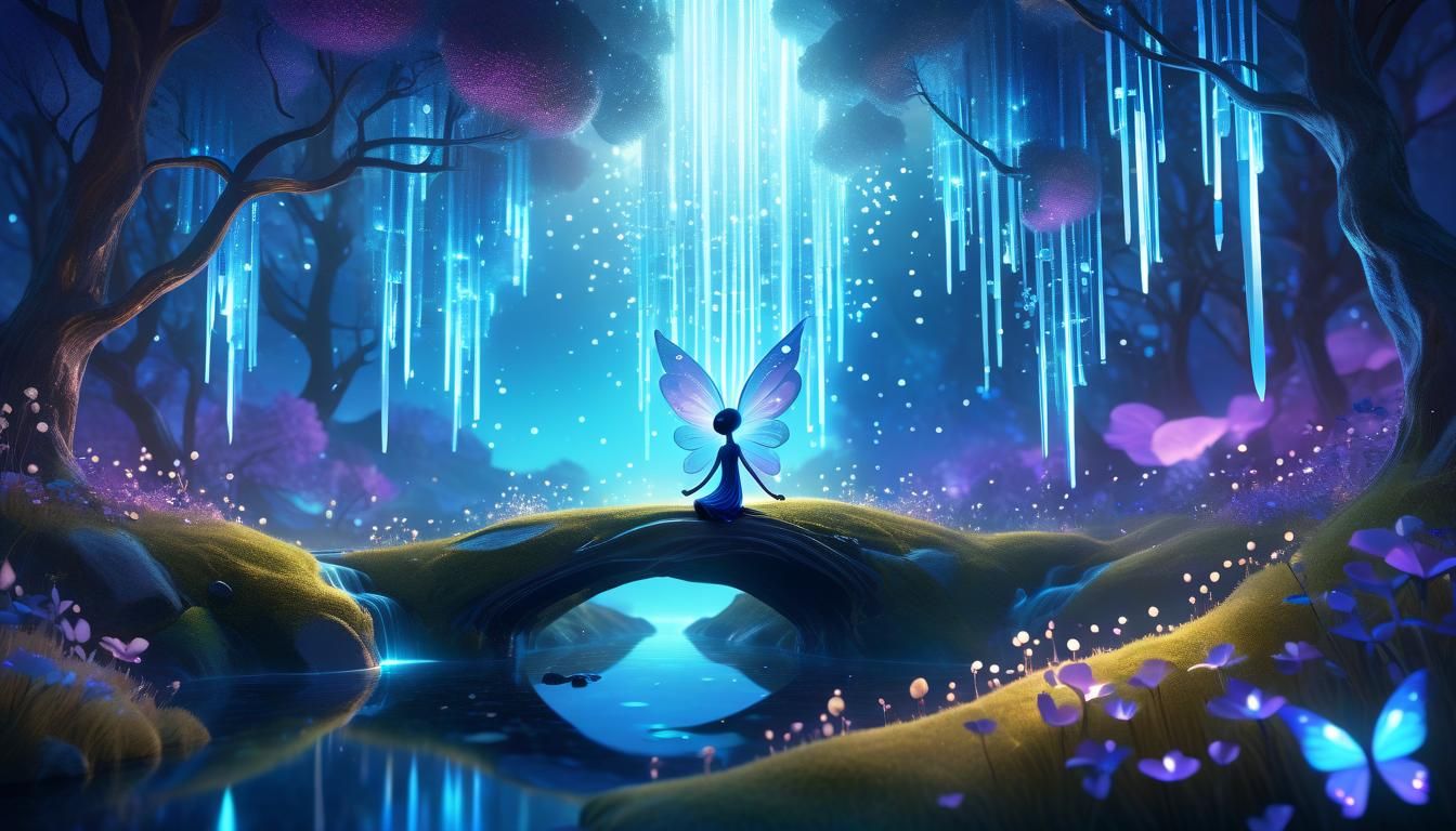Neon Fairy in Spring Forest Landscape