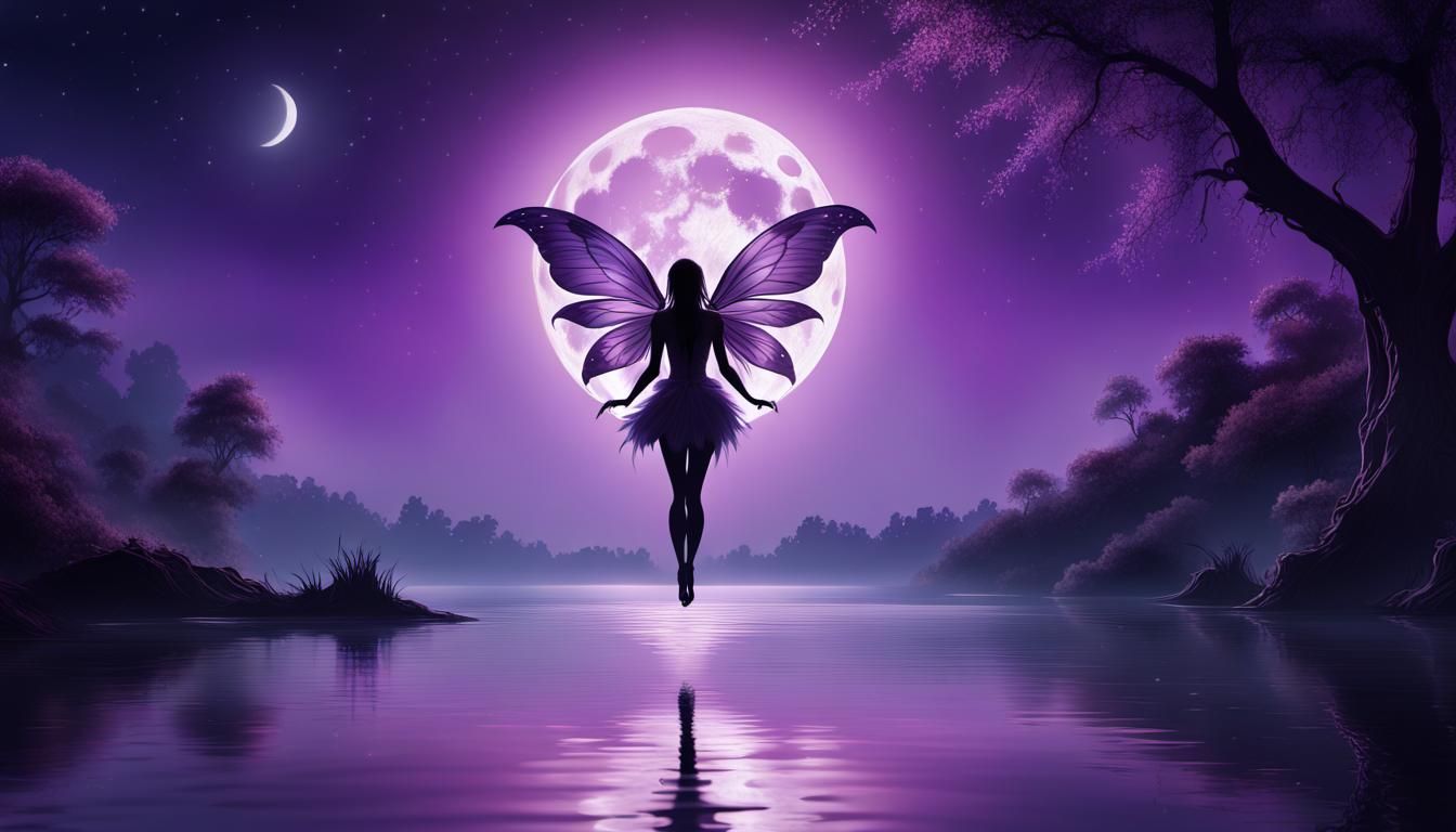 Fairy Silhouette Under Neon Moon: Impressionist Painting