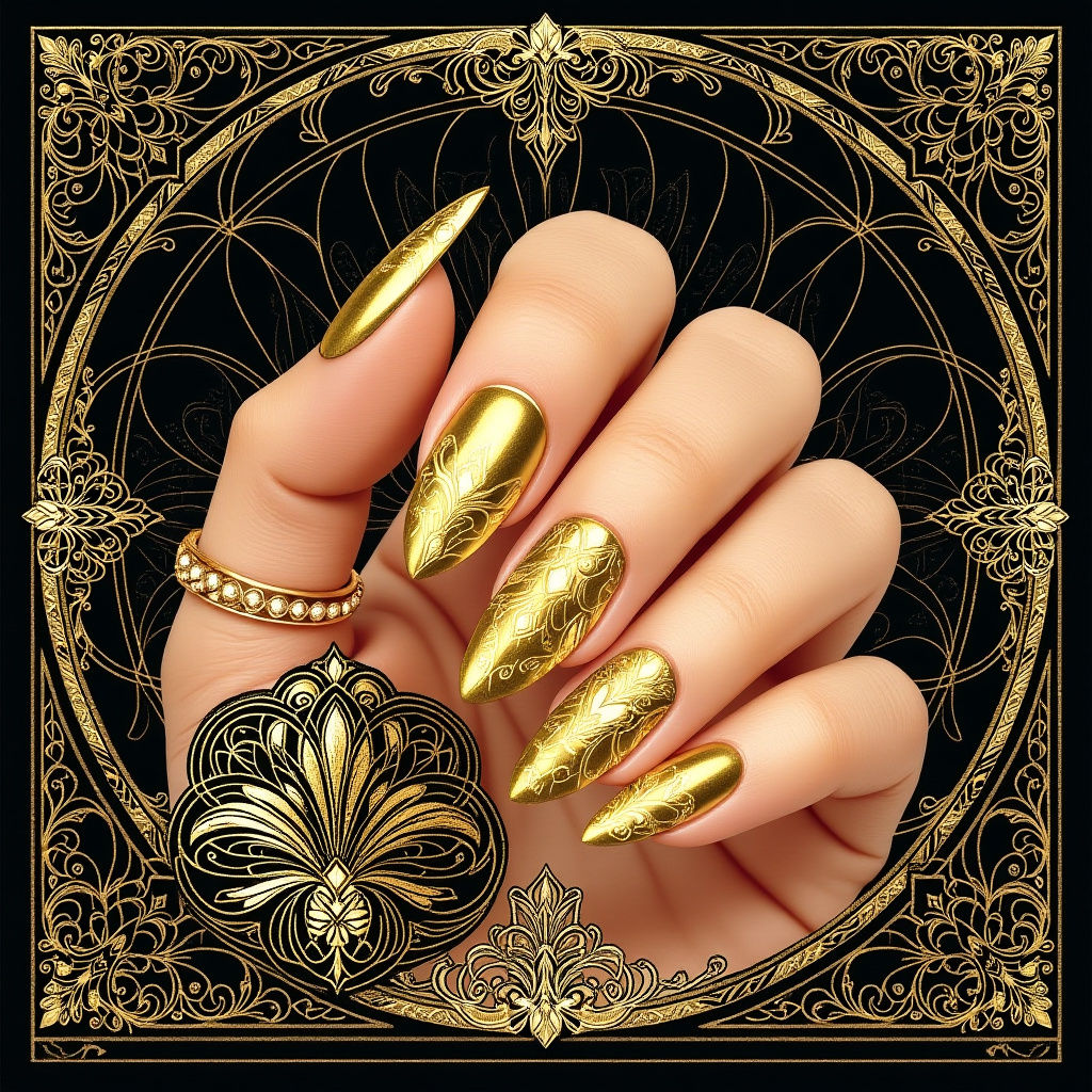 Gold Nails on Gold and Black Background