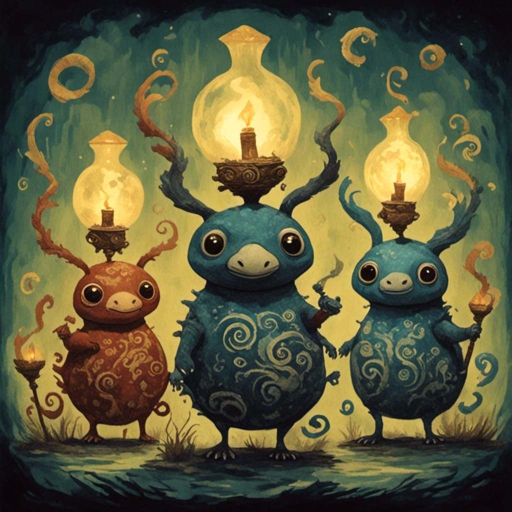 Cute Creatures Holding Lamps in Dreamlike Style
