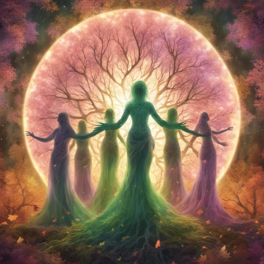 Spiritual Goddesses Dancing in Autumnal Fractal Grove