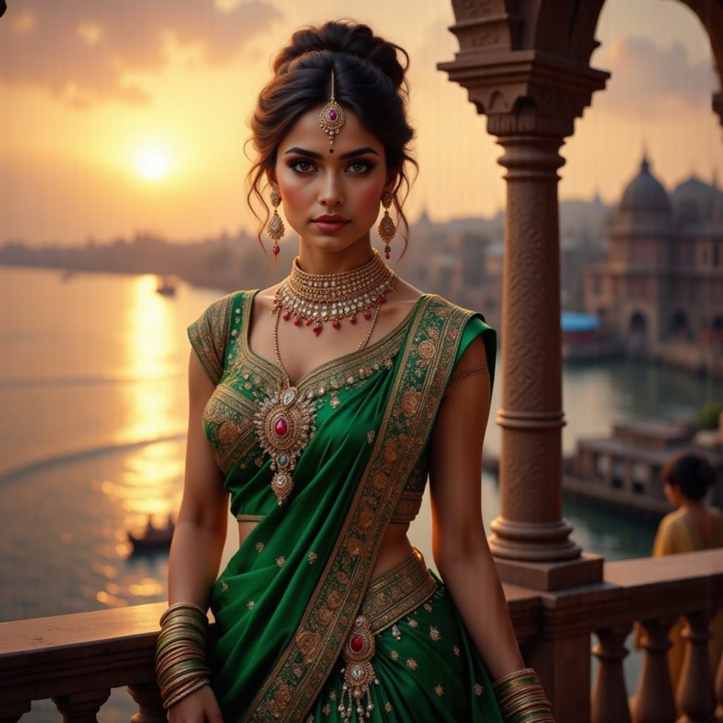 Regal Indian Woman in Emerald Sari Overlooking Ganges Sunset