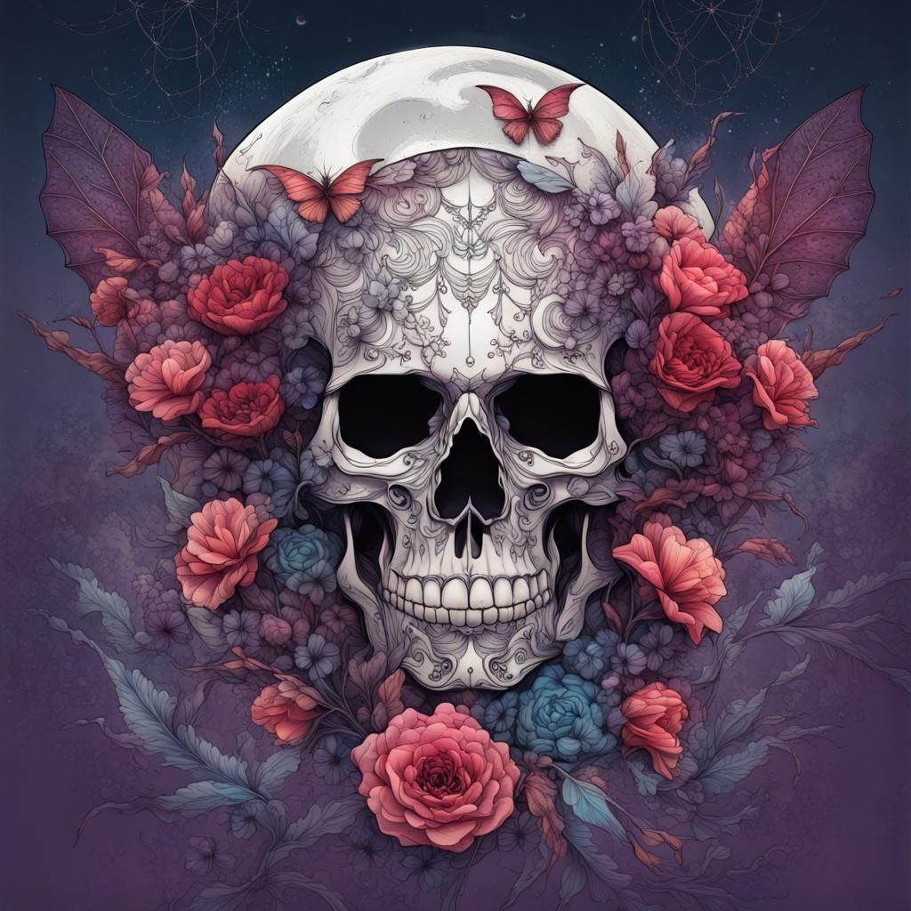Vibrant Fairypunk Skull with Flowers and Moon Bats