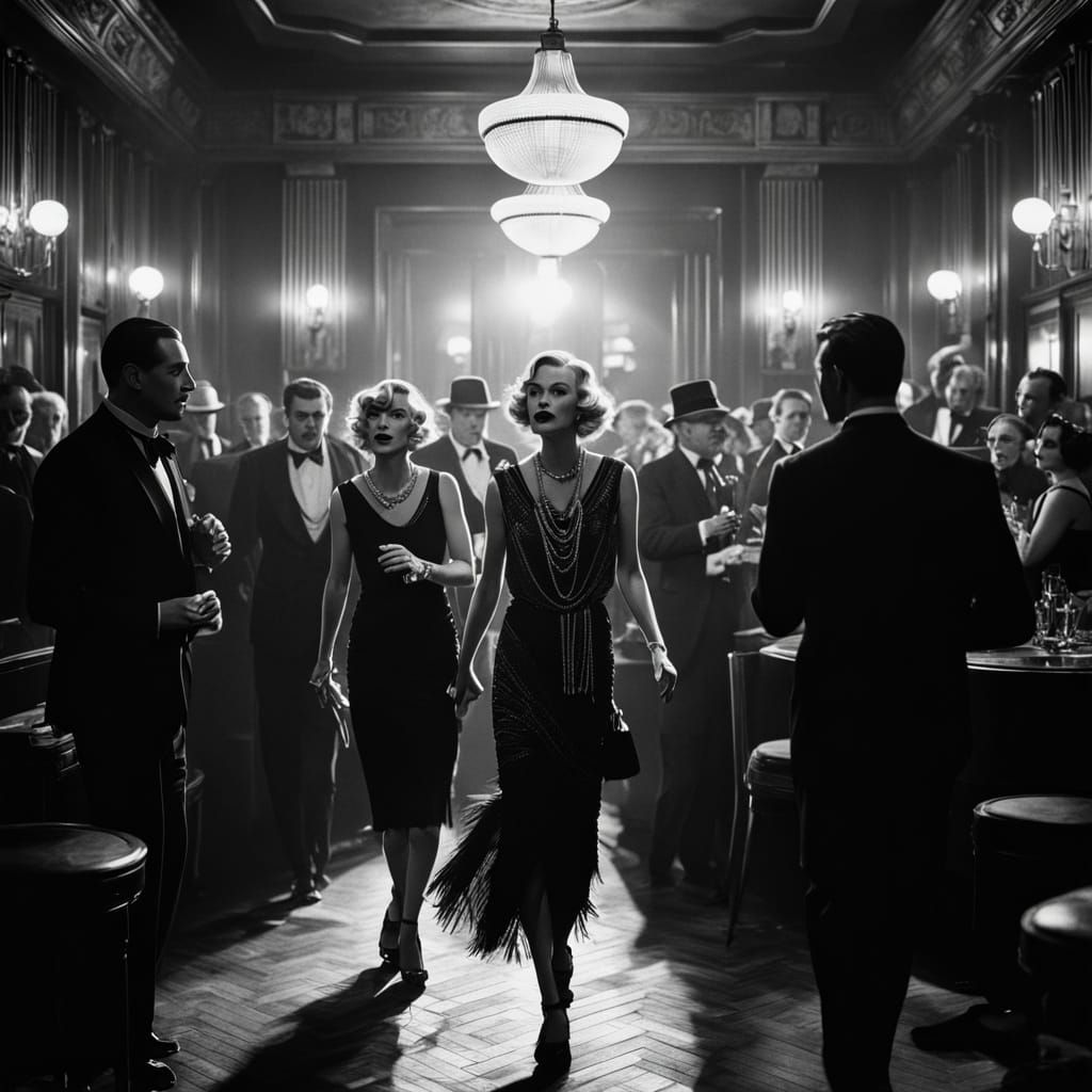 Elegant Film Noir Scene: A 1920s Speakeasy in Monochromatic ...