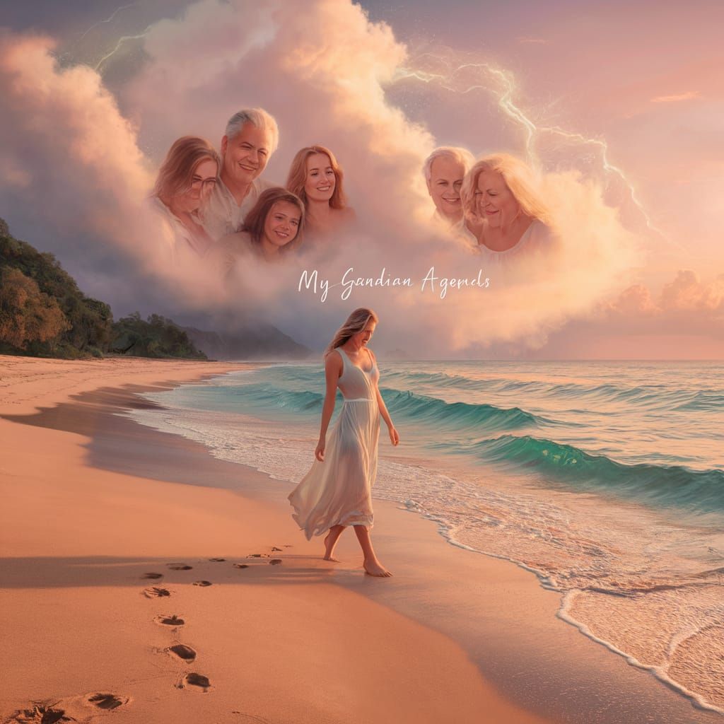 Sunset Beach: Woman and Guardian Angels in Matte Painting