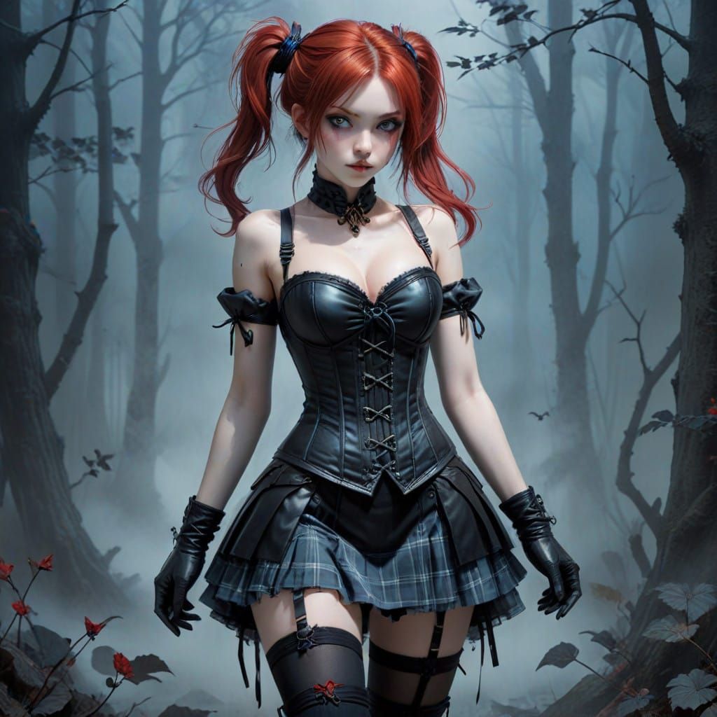 Anime-Inspired Vampire Redhead in Leather Corset