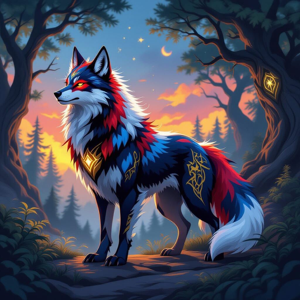 Spirit Wolf Dragon in Ethereal Forest Twilight