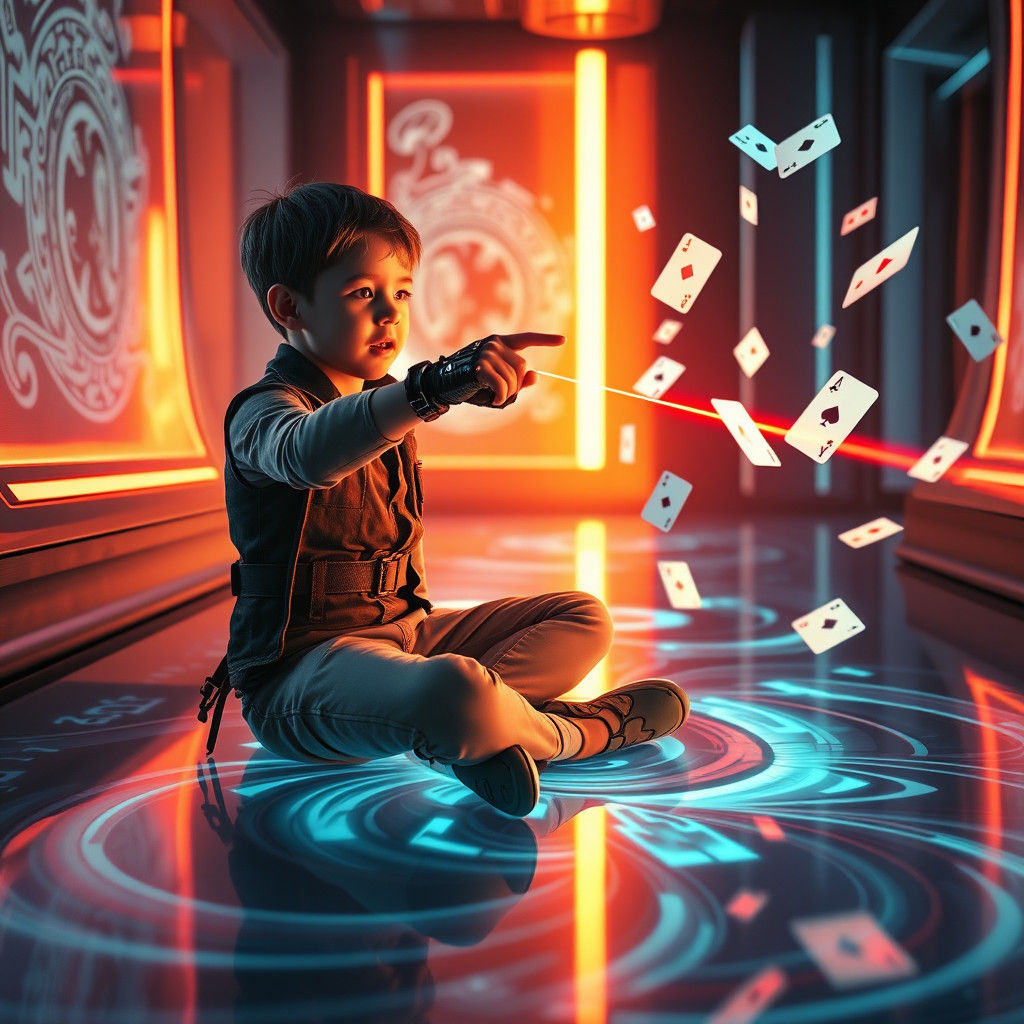 Boy Plays Holographic Cards in Neon Future