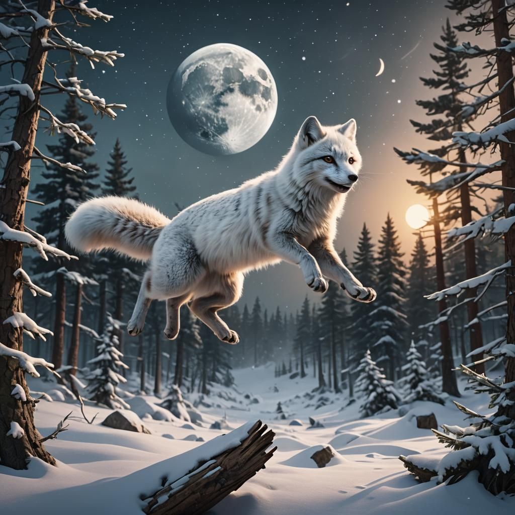 Arctic Fox Hunting Lemming in Snowy Forest