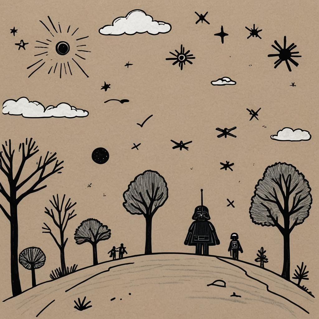 Childlike Doodle X-Wing Fighter Battles Death Star