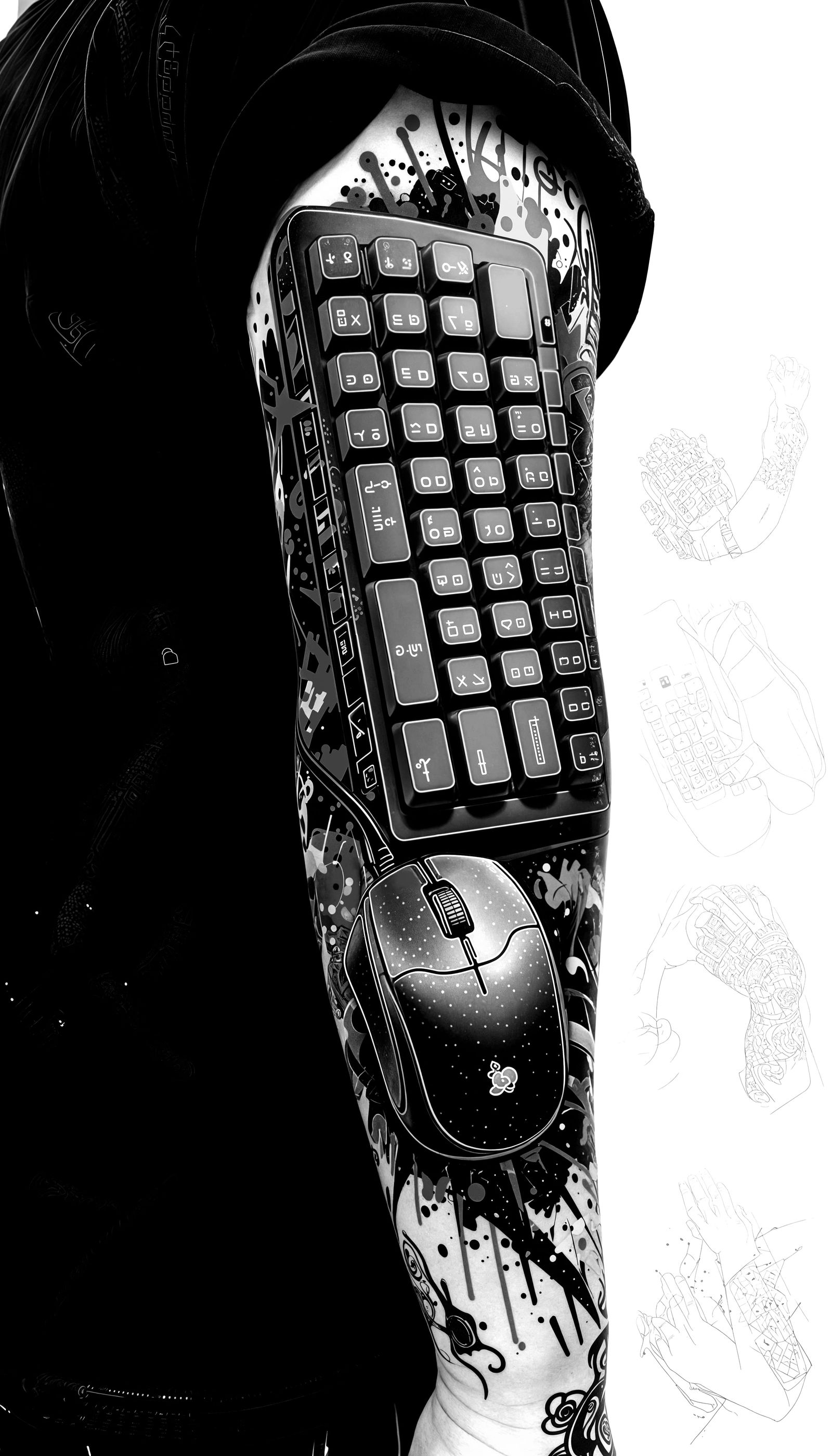 Hyperrealistic Neon Keyboard and Mouse Tattoo