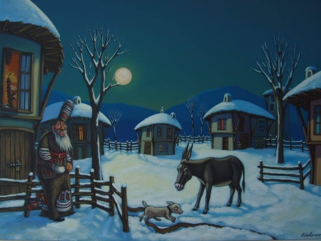 Bulgarian Villager Celebrates Winter in Naive Art Style