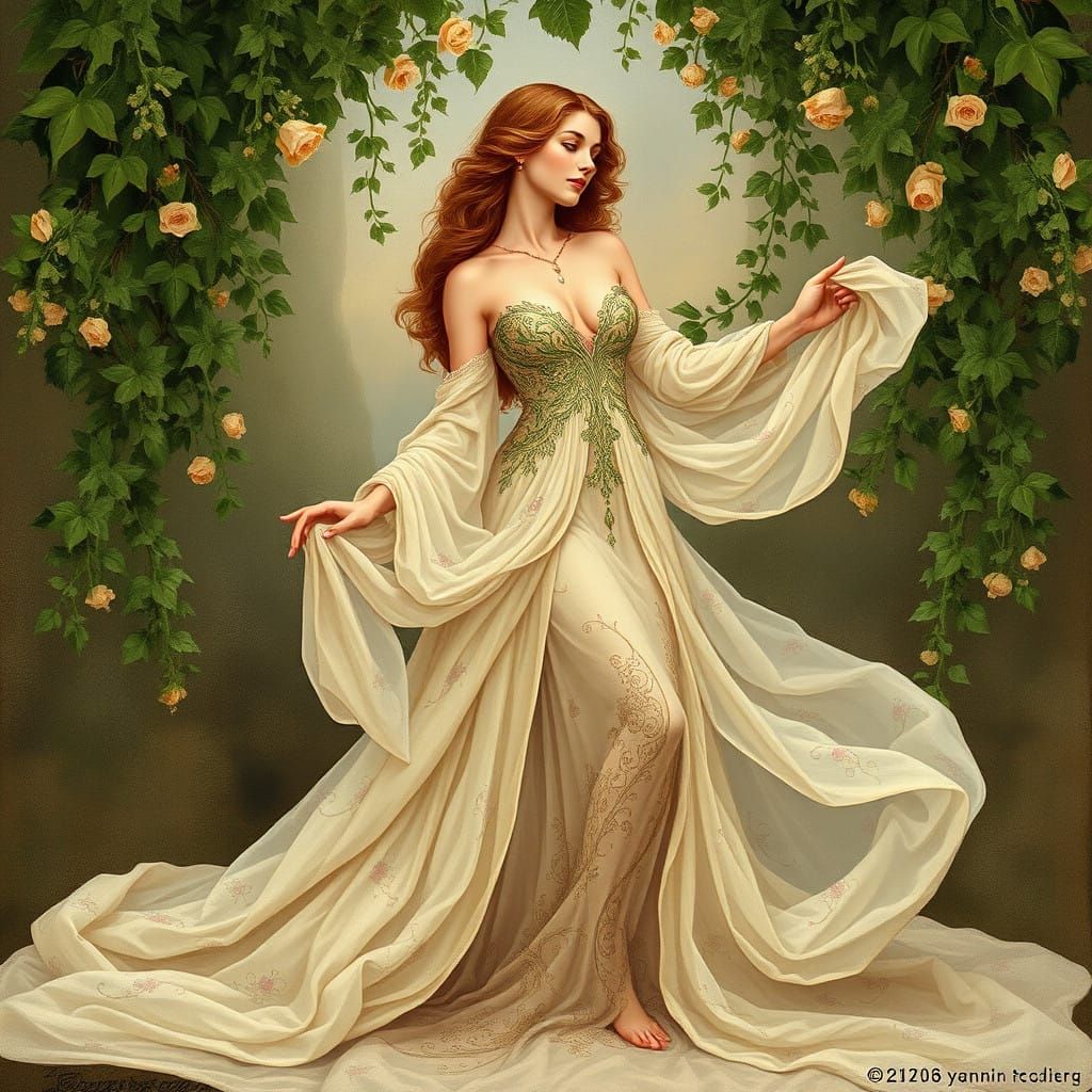 Sensual Mysticism in Elegant Gown, Floral Patterns, and Lush...