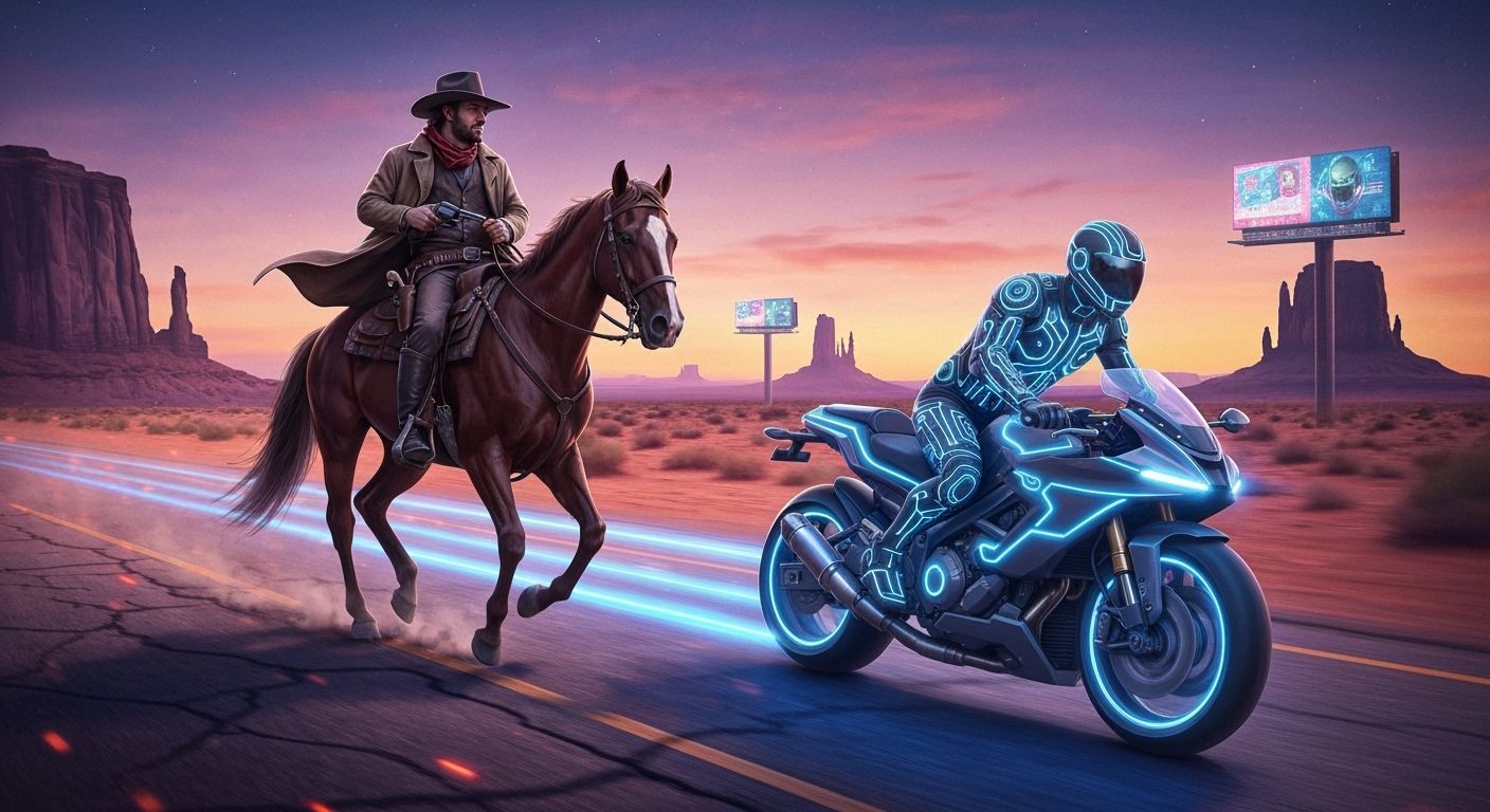 Cowboy and Motorcyclist Ride Neon Desert Highway