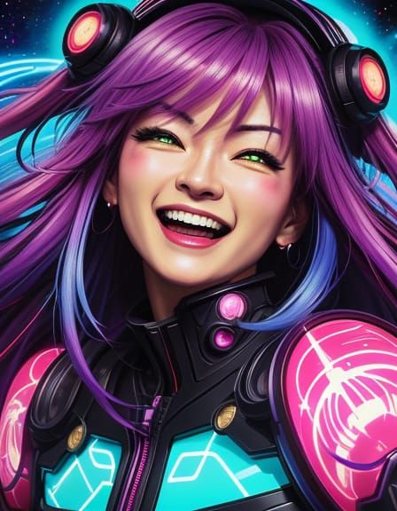 Laughing Chibi Woman in Hyperrealistic Anime Style