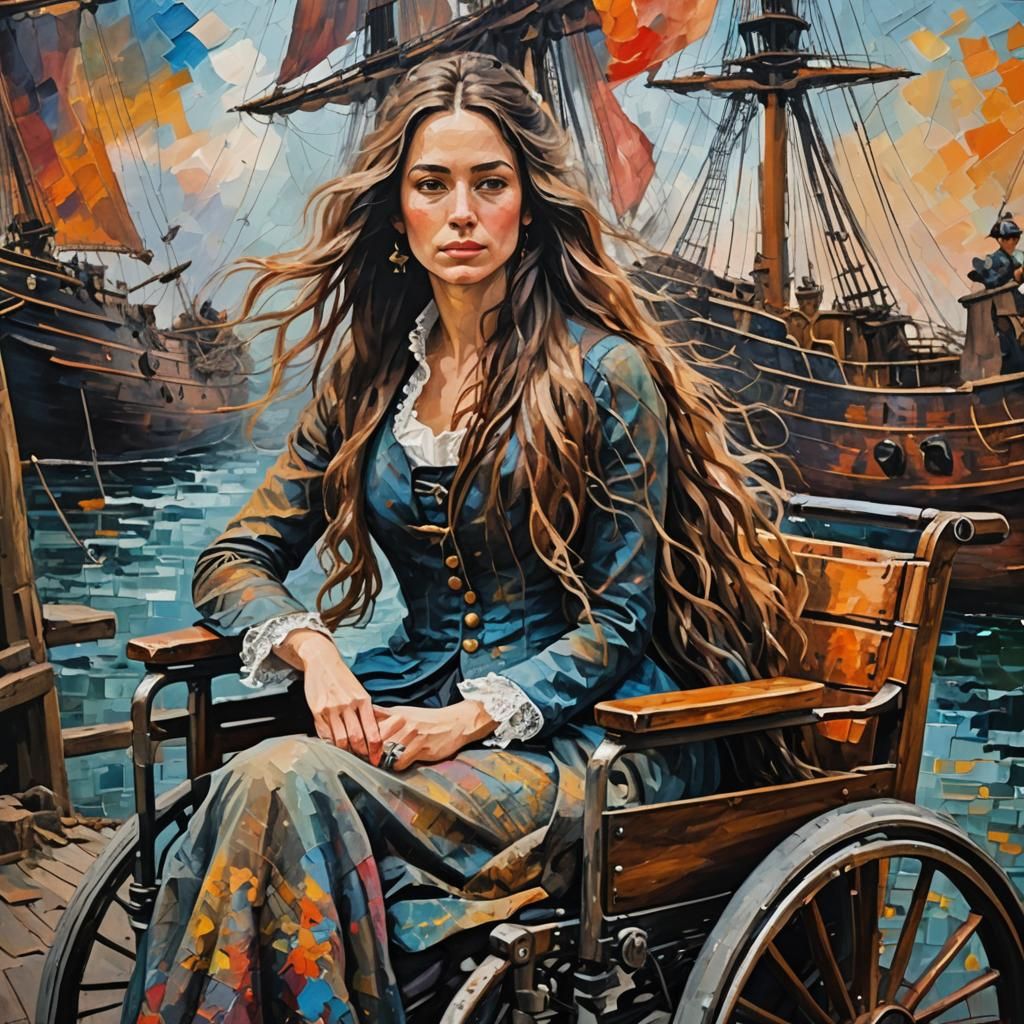 Woman Captains Ship in Palette Knife Painting