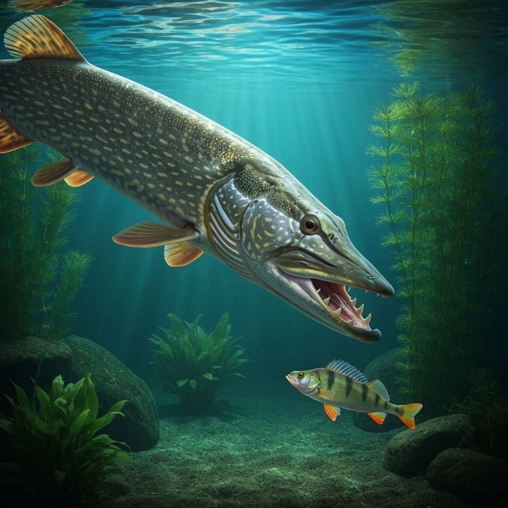 Pike Versus Perch in Pond: Detailed Scientific Illustration