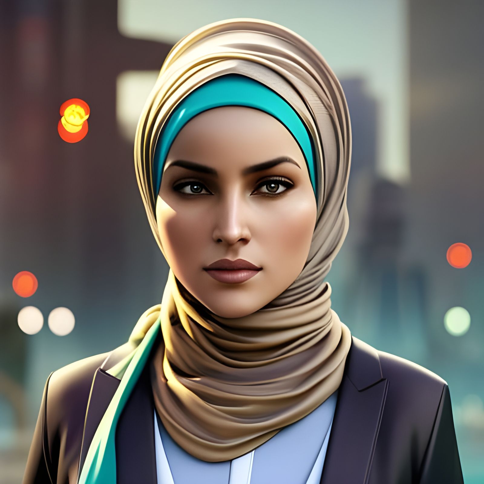 Modest Woman in Hijab, Futuristic Cityscape Art