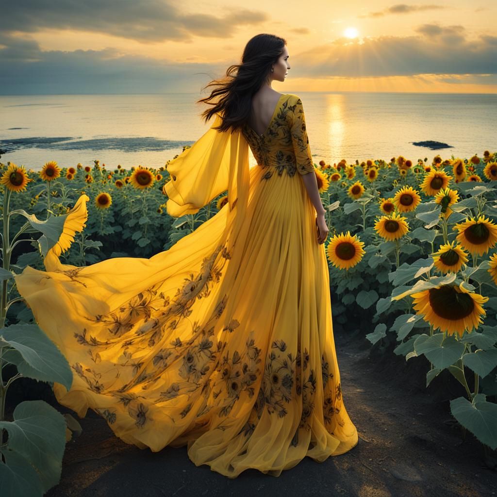 Woman in Yellow Gown by the Ocean