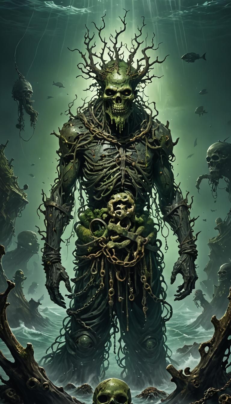 Grotesque Drowned Sovereign Emerging from Blackened Ocean