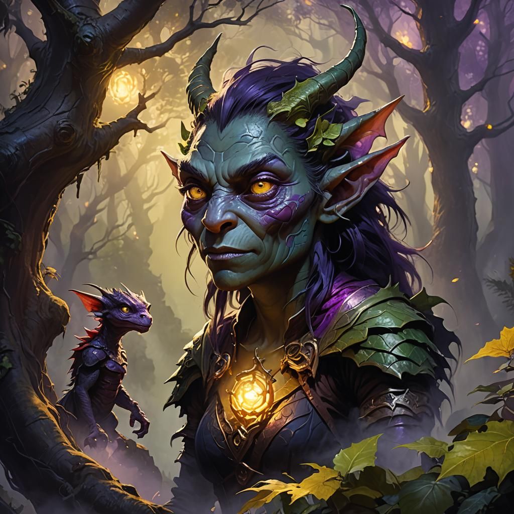 Female Goblin and Dragon in Dark Fantasy Forest