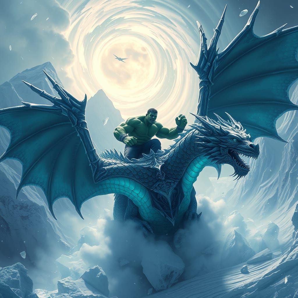 Hulk Rides Majestic Ice-Dragon Amidst Frosty Vortex