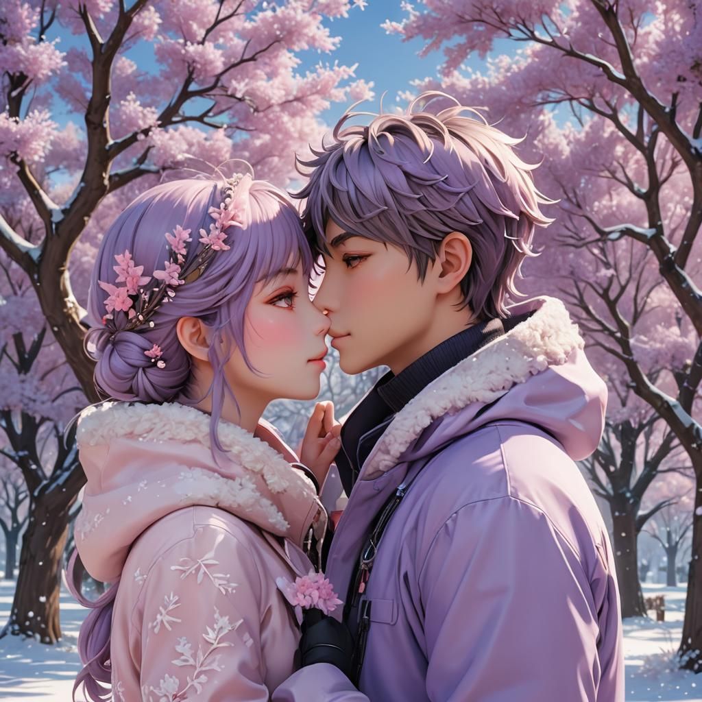 Romantic Kiss Under Winter Blossoms in 3D Anime Style