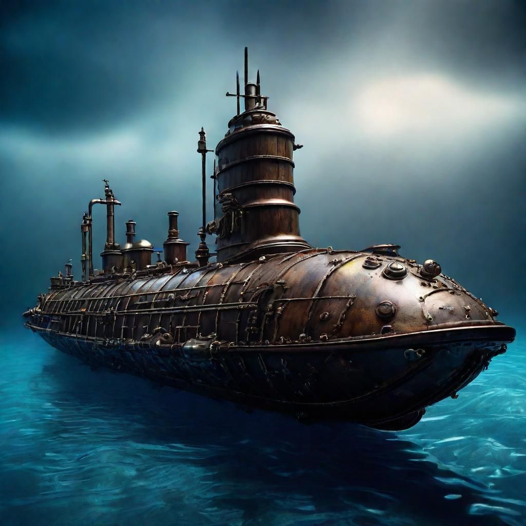 Steampunk Submarine Descending into Ocean Depths