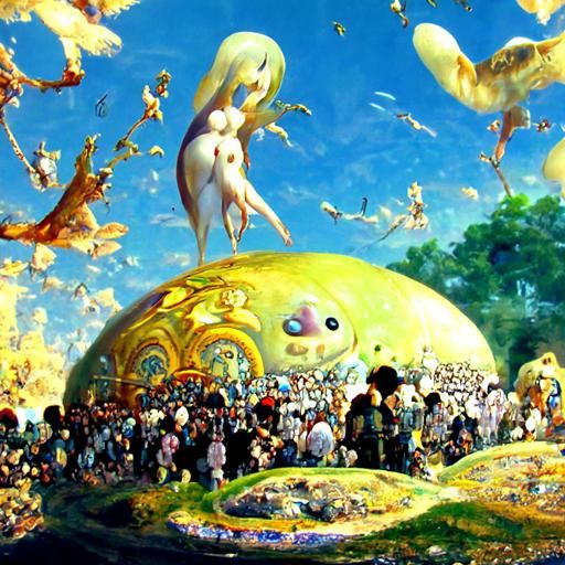 City Worshipping Robotic Embryo in Translucent Egg