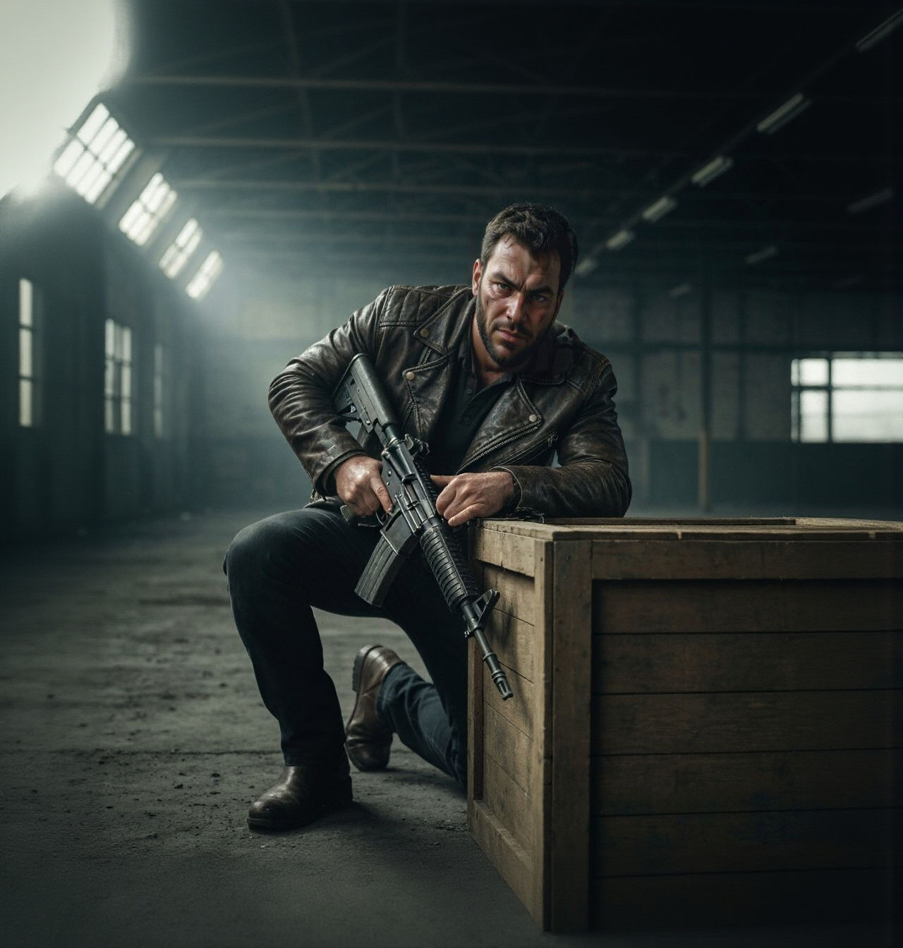 Man with Rifle in Bunker Scene