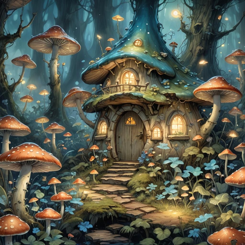 Fairy Home in Bioluminescent Mushroom Forest
