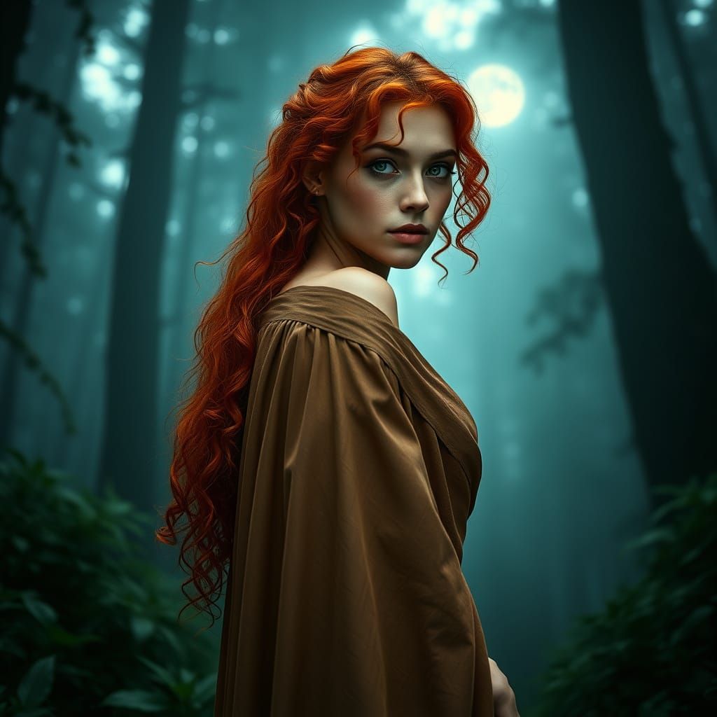 Ethereal Forest Goddess with Fiery Red Hair and Emerald Eyes