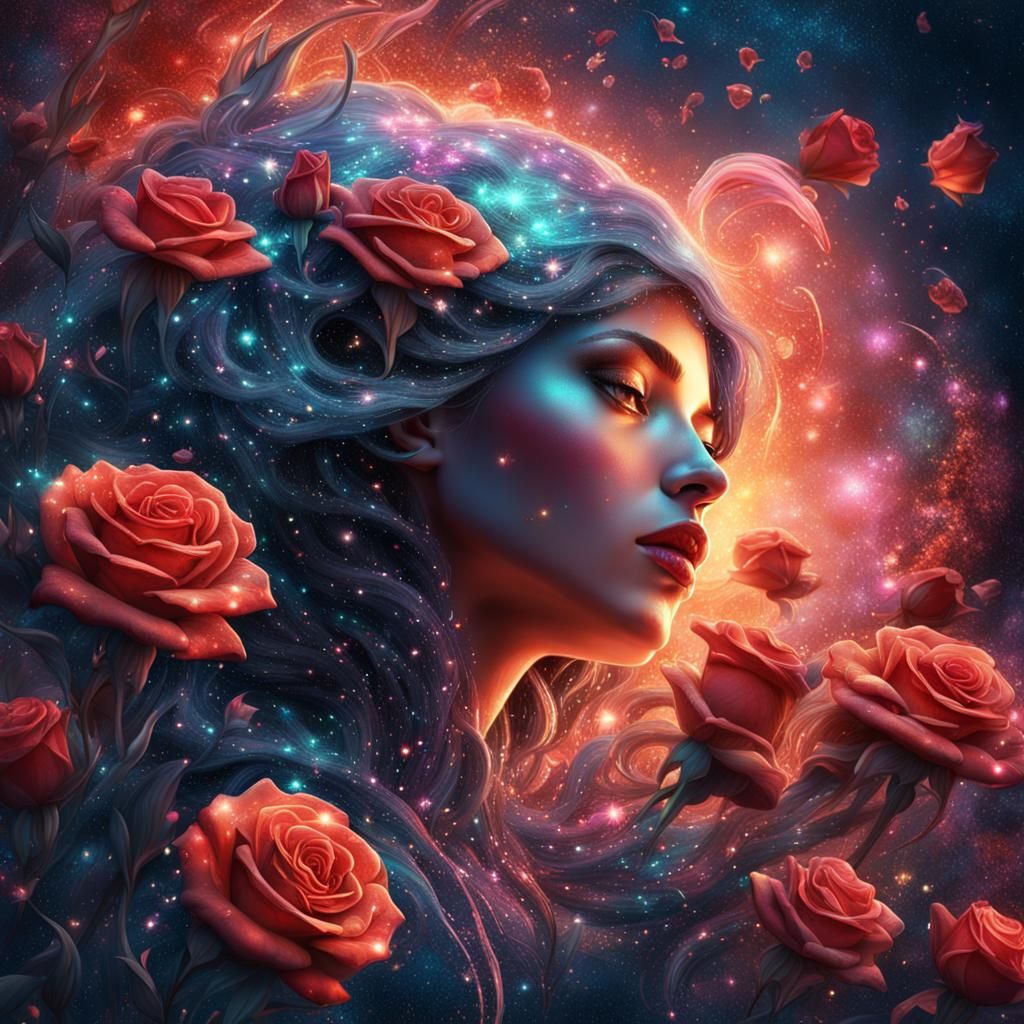 Glowing Woman Melts Into Roses in Stardust Space