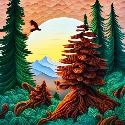 Quilled Squirrels and Pine Cones at Sunrise