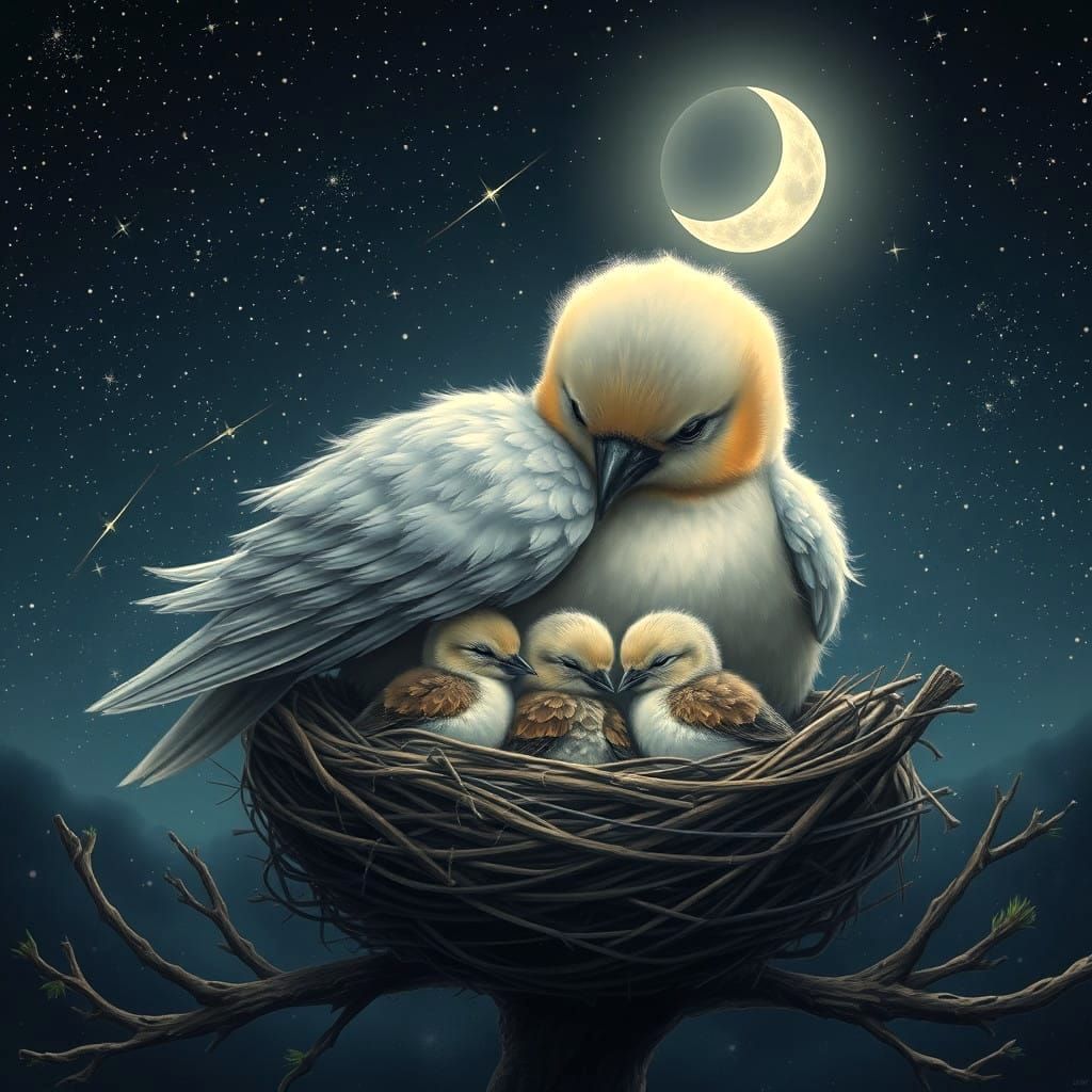 Mother Bird and Chicks Sleep Under Starry Night Sky