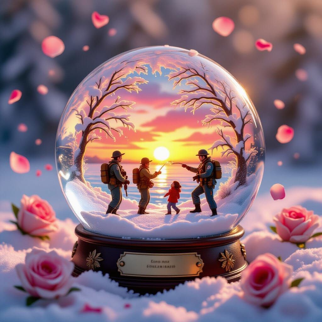 Snow Globe Rescue Scene with Falling Roses at Sunset