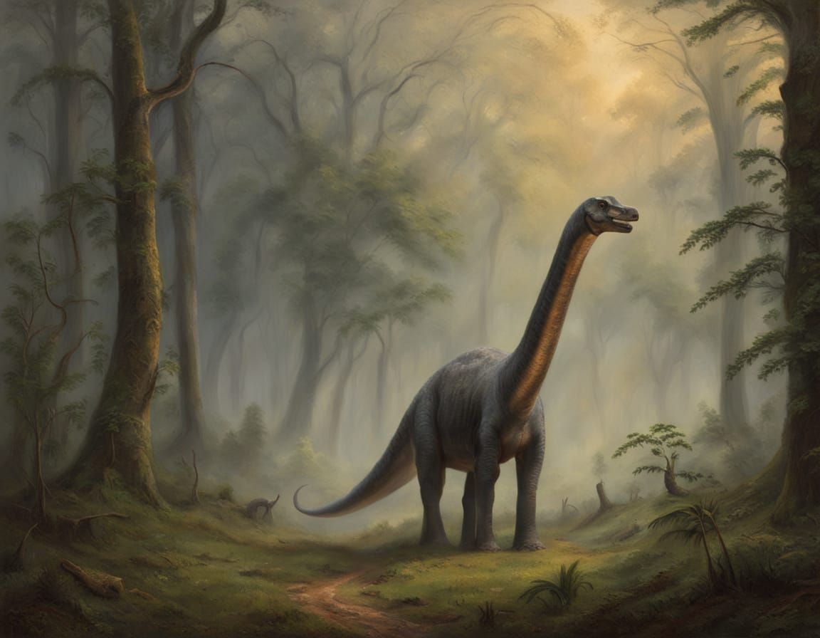 Brachiosaurus in Forest Landscape Painting