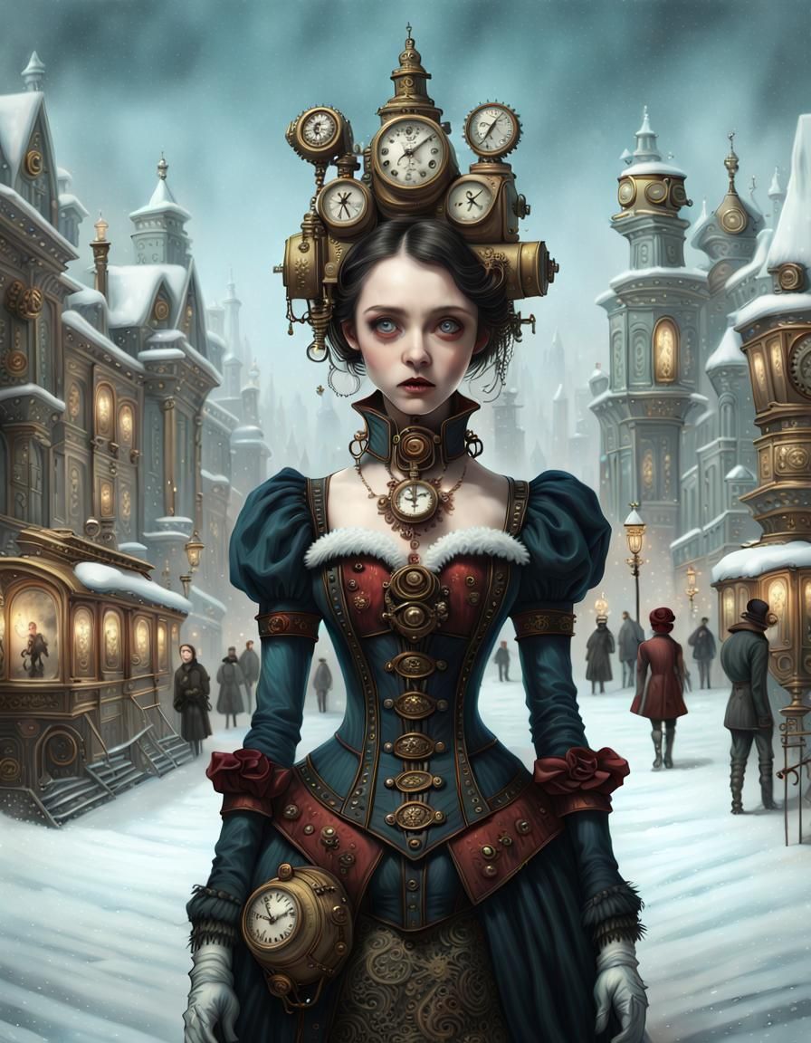 Ornate Steampunk Winter Wonderland in Dark Fantasy Style